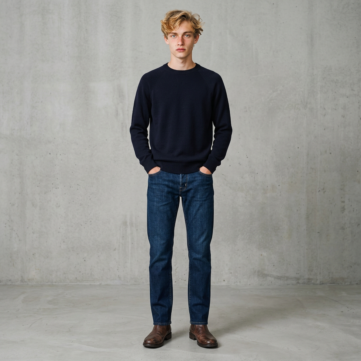 Sunspel Lambswool Crew Neck Dark Navy Mouline