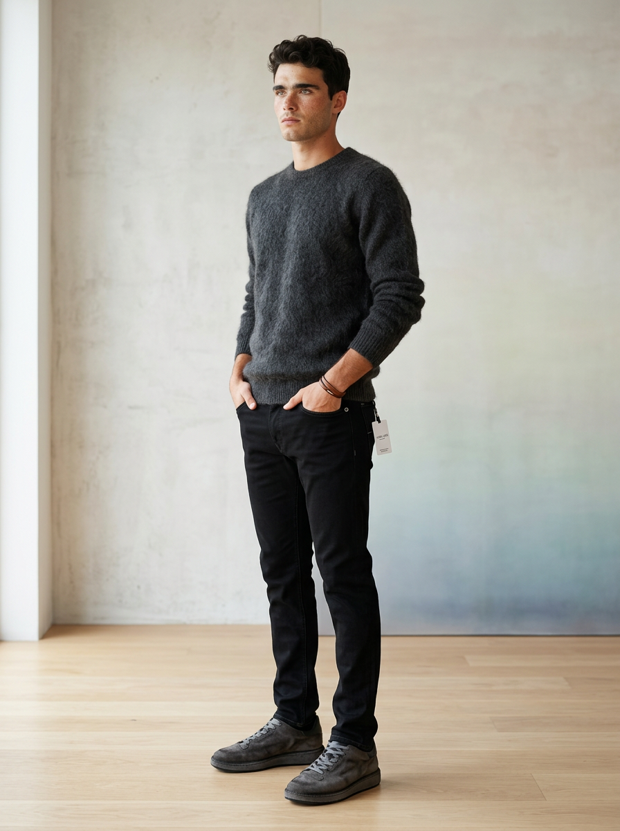 Roberto Collina, Rundhals, Merino Baby Camel, schwarz - UNIT Hamburg