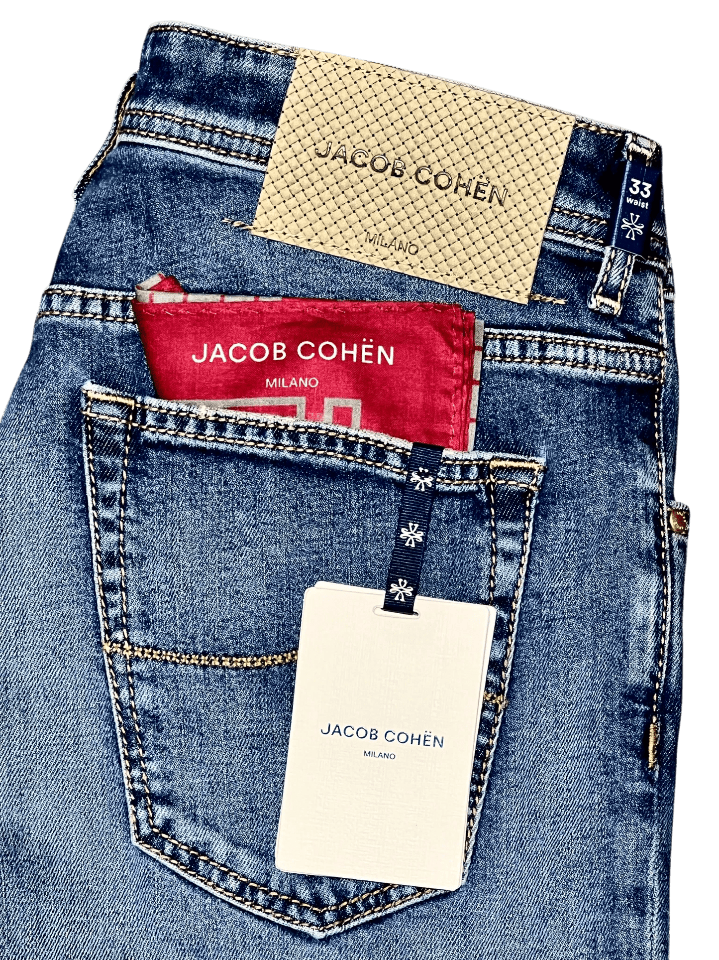 UNIT Hamburg - Jacob Cohën, Scott, light blue denim, pale green Label - Jacob Cohën