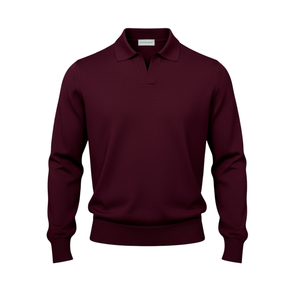 UNIT Hamburg - Never Laundry, Merino Polo ohne Knopf, Langarm, burgunder - Never Laundry